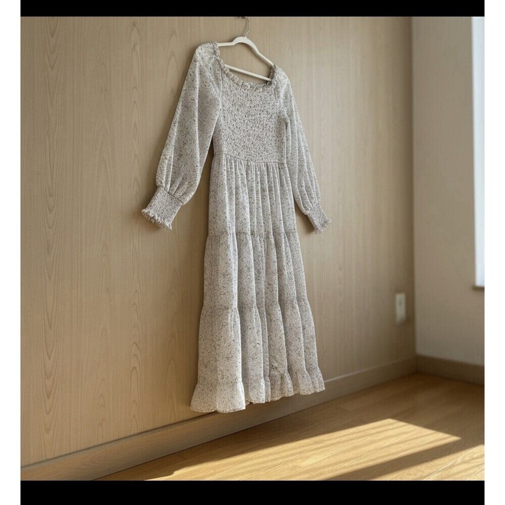 &Merci Sz M Off White Floral Dandy Prairie Midi Smocked TieredDress Long Sleeve - Picture 4 of 15